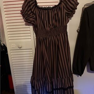 Striped Puff-Sleeve Midi Dress in Brown and Black